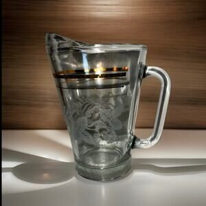 Vintage Gold Rim Glass Cocktail Pitcher – Etched Grape Leaf Design – Mid Century